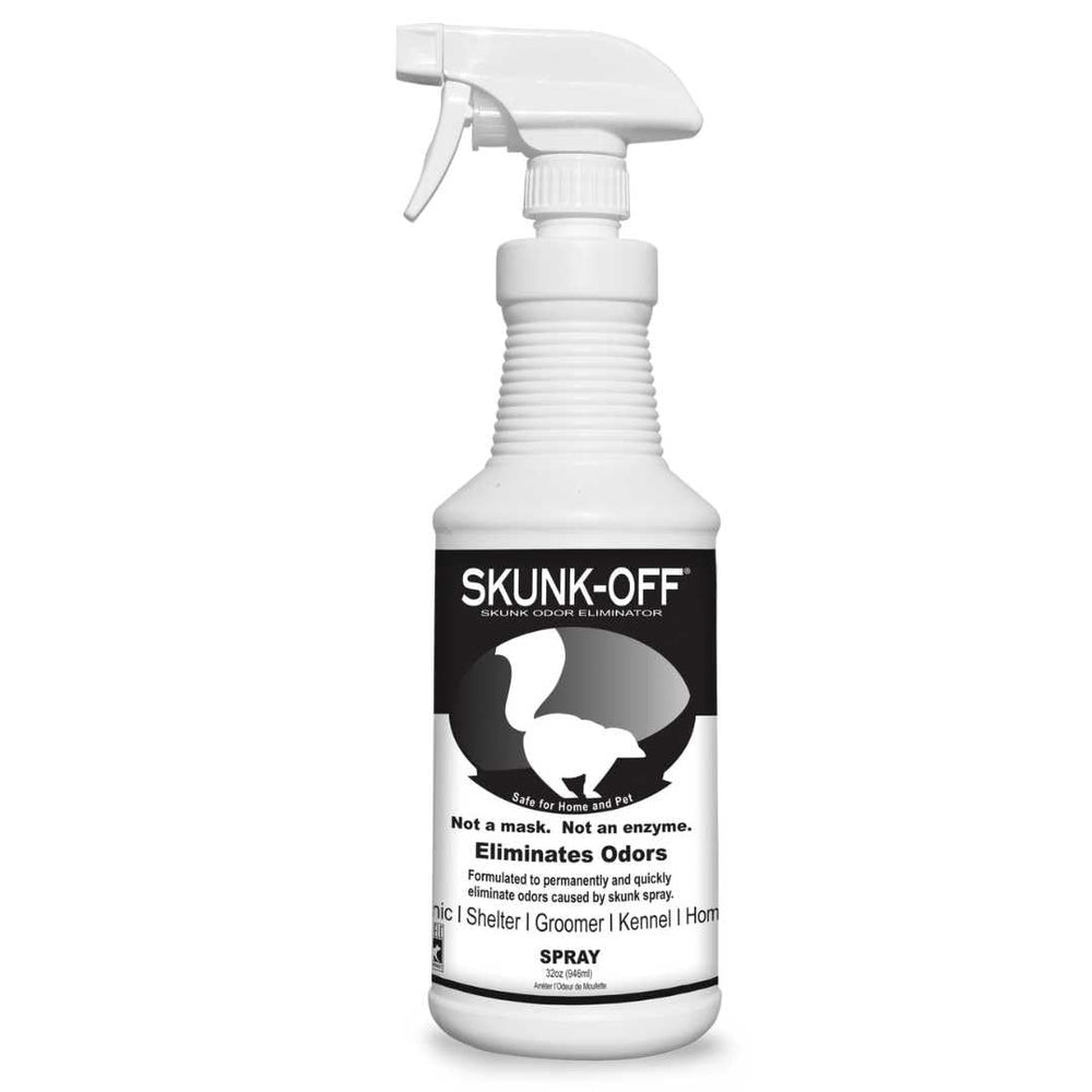 Odorcide Skunk Off flacon 32 oz face avant montrant l'étiquette professionnelle et l'usage domestique