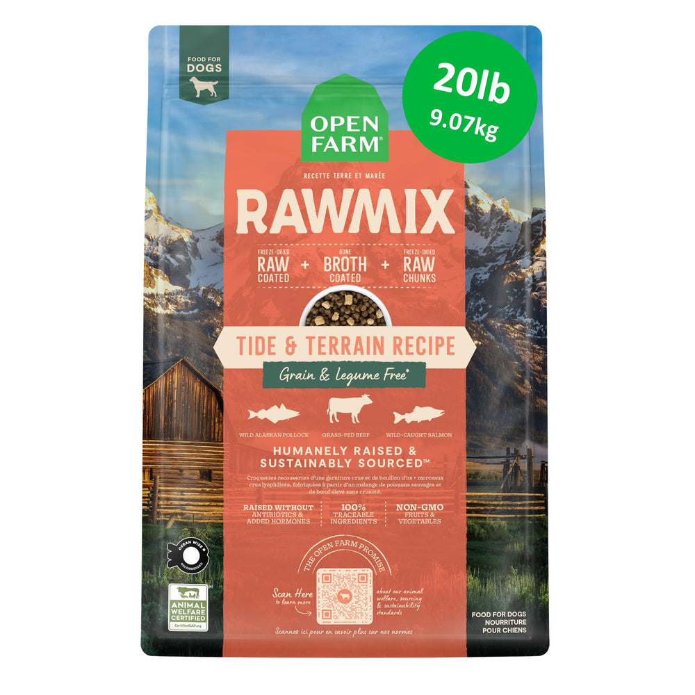Open Farm emballage 20 lb montrant la marque et bénéfice nutritionnel