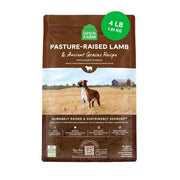 Open Farm emballage avant 4 lb montrant l'agneau élevé en pâturage et la qualité