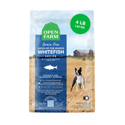 Open Farm emballage avant 4 lb montrant la recette au poisson blanc et traçabilité