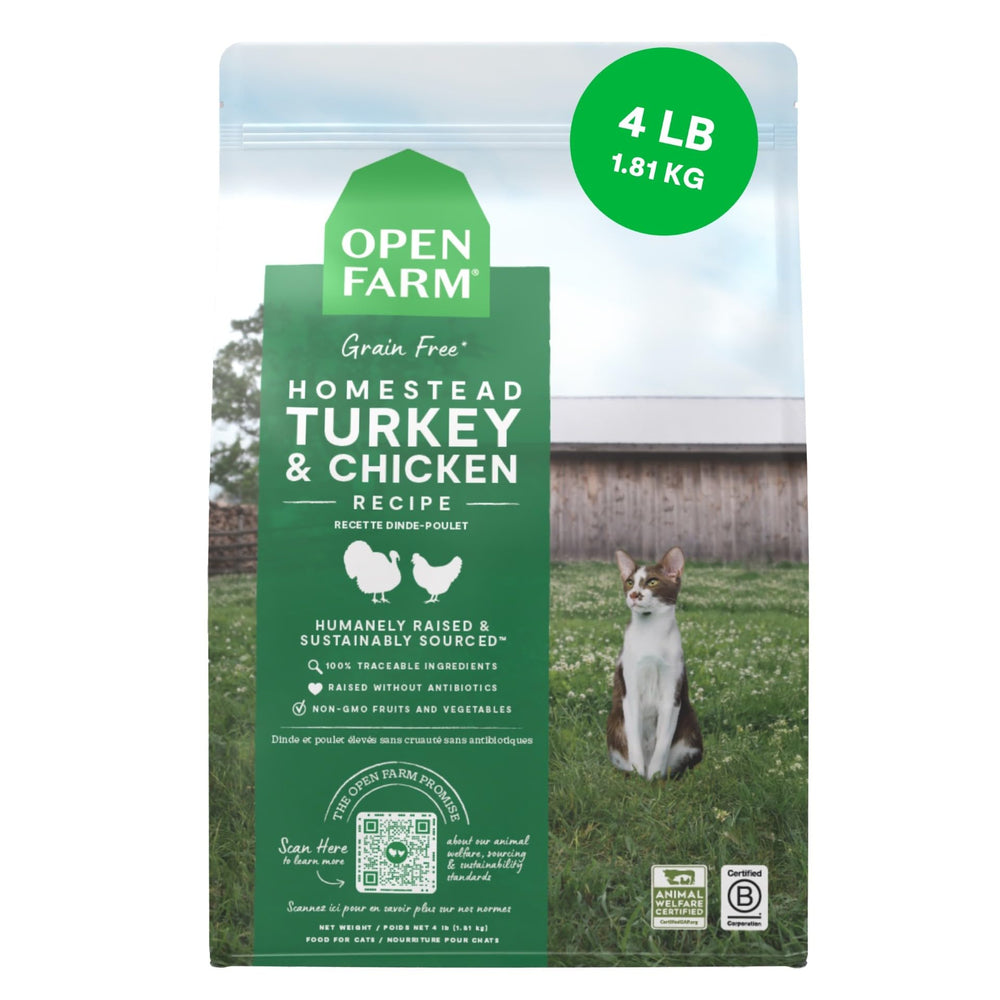 Open Farm emballage face montrant la recette traçable et bénéfice transparence