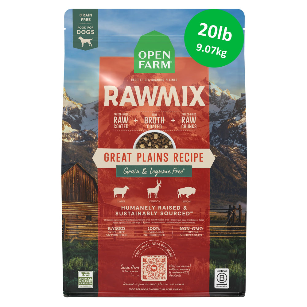 Open Farm emballage avant du sac de 20 lb montrant l'étiquette et la composition bénéfique
