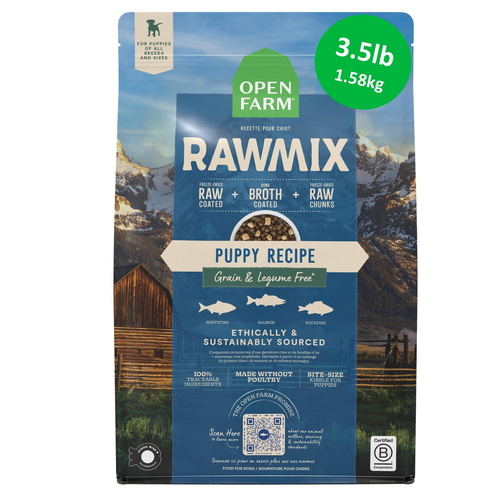 Open Farm sac devant montrant croquettes et bénéfice appétence