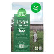 Open Farm sac avant montrant la recette poulet et dinde pour confiance