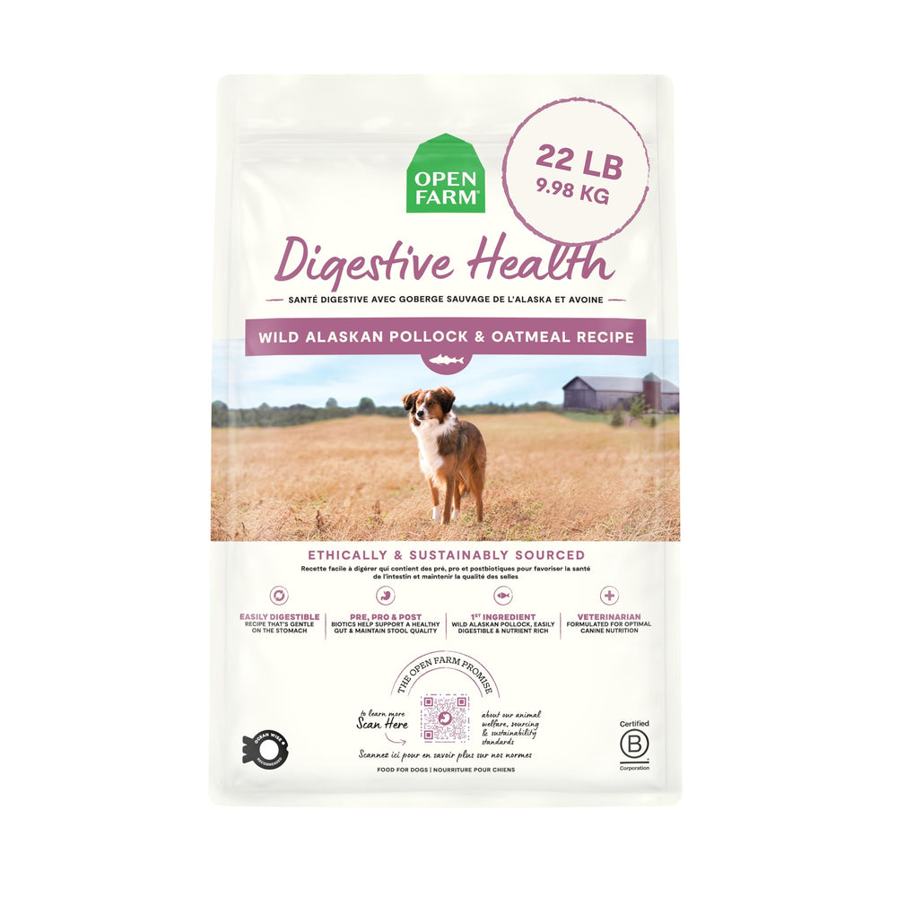Open Farm sachet avant montrant la recette Pollock et avoine et bénéfice digestif
