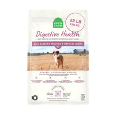 Open Farm sachet avant montrant la recette Pollock et avoine et bénéfice digestif