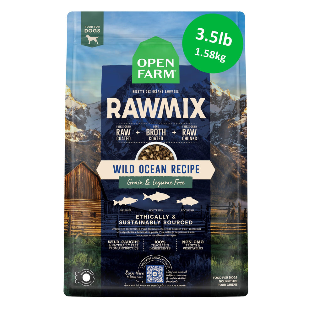Open Farm emballage Wild Ocean montrant l'identité et bénéfice nutritionnel
