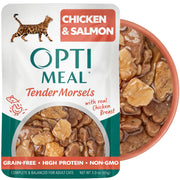 Optimeal emballage avant montrant la recette poulet et saumon, appétence garantie
