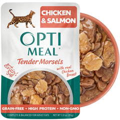 Optimeal emballage avant montrant la recette poulet et saumon, appétence garantie