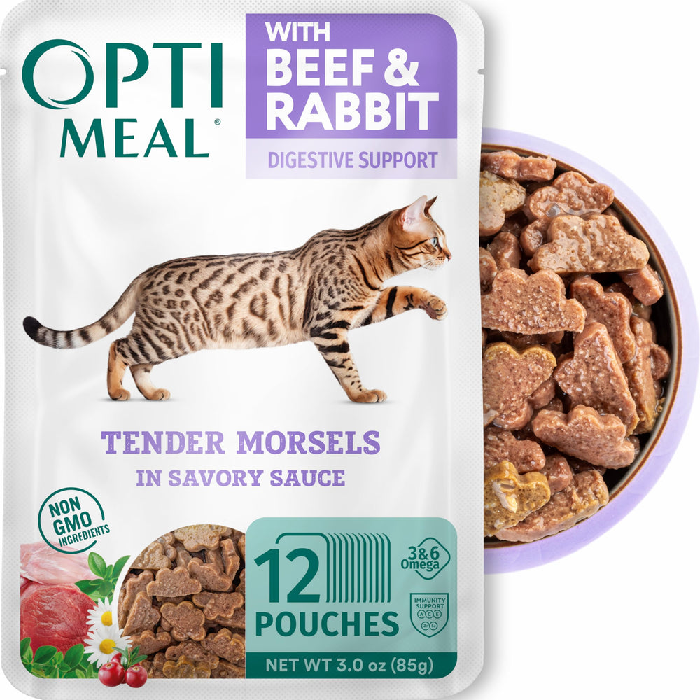 Optimeal sachet face avant montrant recette bœuf et lapin, attractivité visuelle