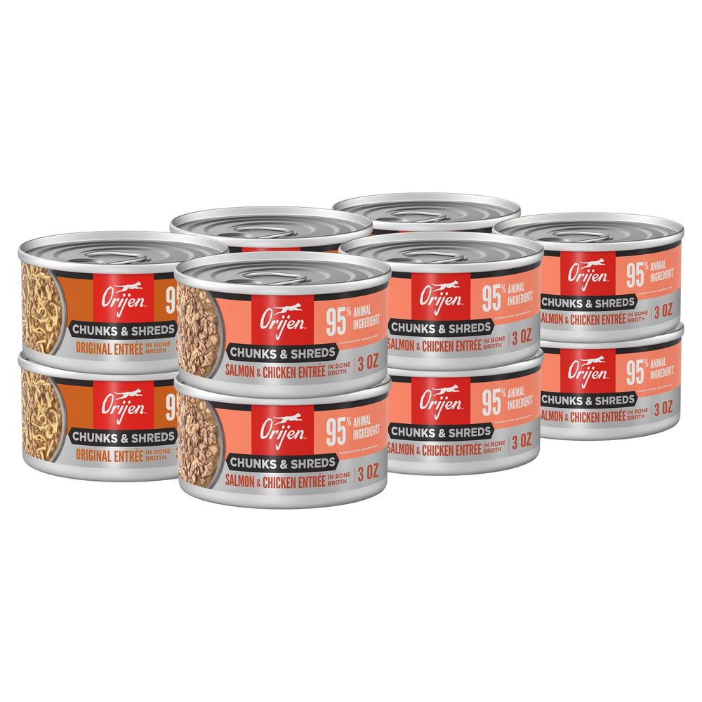 ORIJEN boîte face montrant recettes Original et Salmon pour choix variés