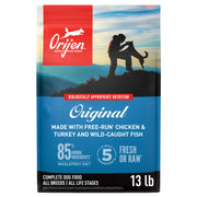 ORIJEN emballage 13 lb montrant la recette et avantage protéique