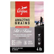 ORIJEN emballage 4lb face montrant recette Fit & Trim et bénéfice gestion du poids