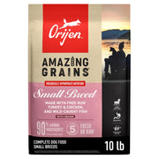 ORIJEN emballage avant Amazing Grains petit race montrant bénéfice nutritionnel