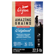ORIJEN emballage avant Amazing Grains montrant le sac et bénéfice nutritionnel
