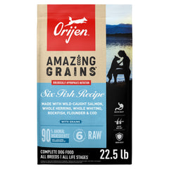 ORIJEN emballage face Six Fish montrant la marque et l’origine naturelle