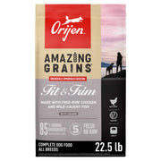 ORIJEN emballage Fit & Trim montrant le sac 22.5lb, qualité riche en protéines