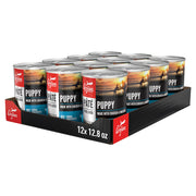 ORIJEN emballage avant de la pâté Puppy Poultry & Fish montrant l’étiquette et avantages