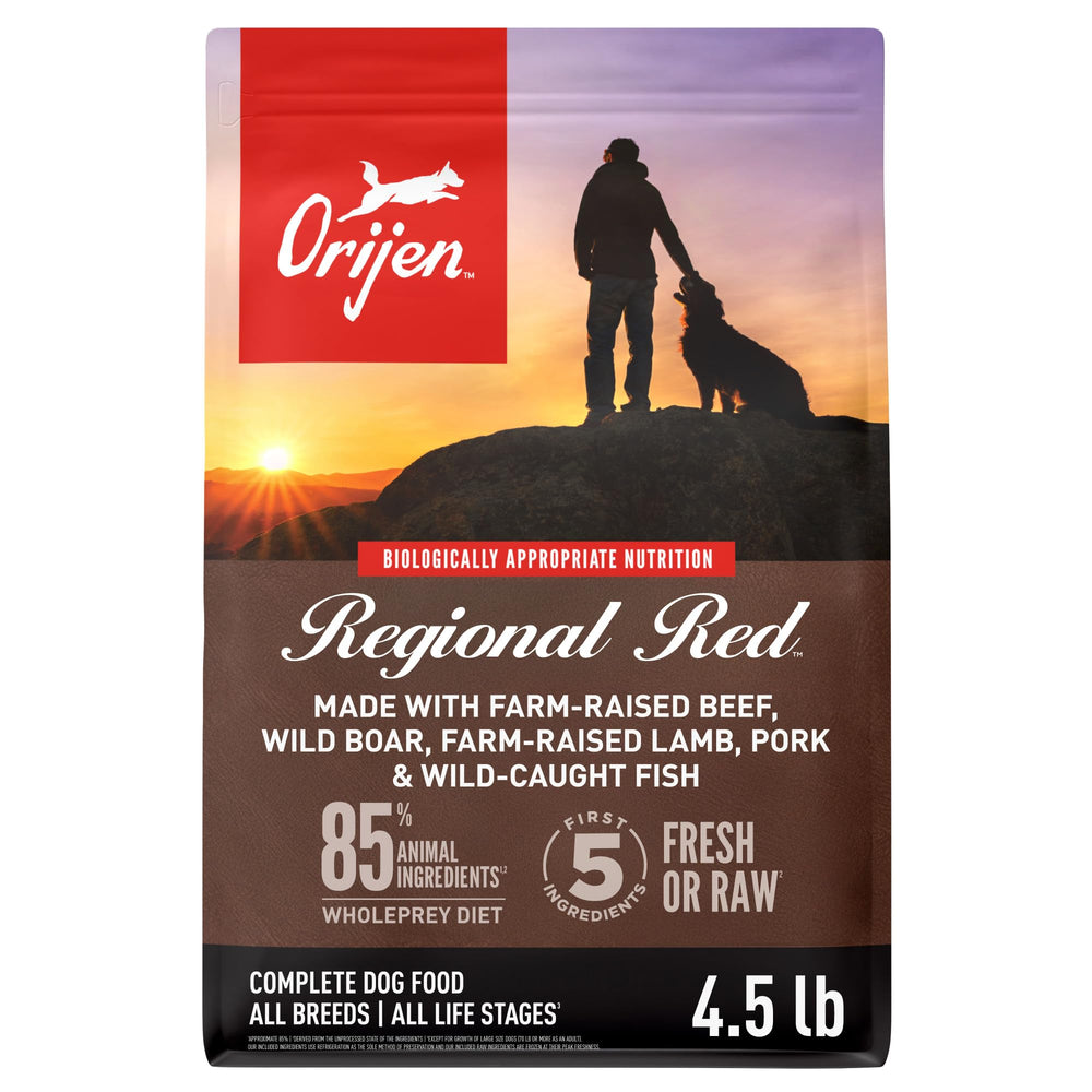 ORIJEN face du sac REGIONAL RED montrant la recette sans volaille et bénéfice protéines