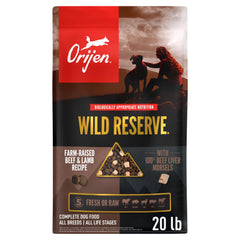 ORIJEN sac face 20lb montrant la recette et bénéfice nutritionnel