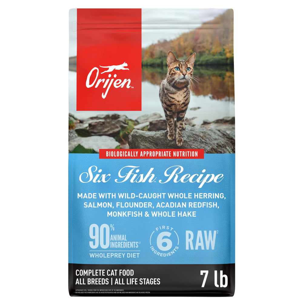 ORIJEN Six Fish face du sachet montrant la recette et bénéfice protéines élevées