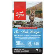 ORIJEN Six Fish face du sachet montrant la recette et bénéfice protéines élevées