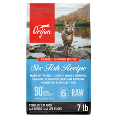 ORIJEN Six Fish face du sachet montrant la recette et bénéfice protéines élevées