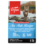 ORIJEN sac avant montrant recette Six Fish et avantages protéiques