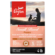 ORIJEN sac devant montrant recette pour chiots petites races et bénéfice nutritionnel
