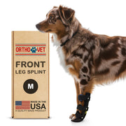 OrthoVet packaging de l’attelle pour patte avant montrant contenu et taille