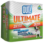 OUT! PetCare emballage avant montrant 50 tapis grand format et praticité