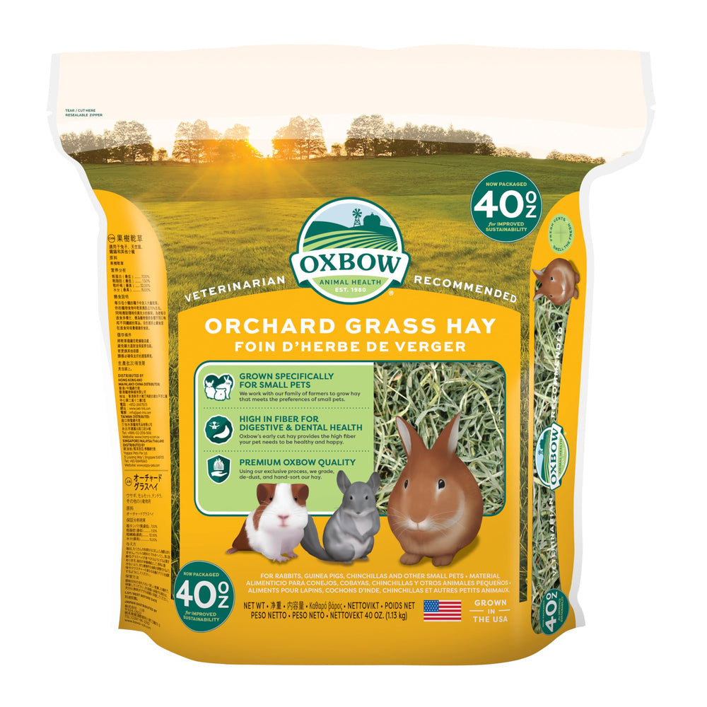 Oxbow paquet frontal du foin Orchard montrant le conditionnement et la qualité