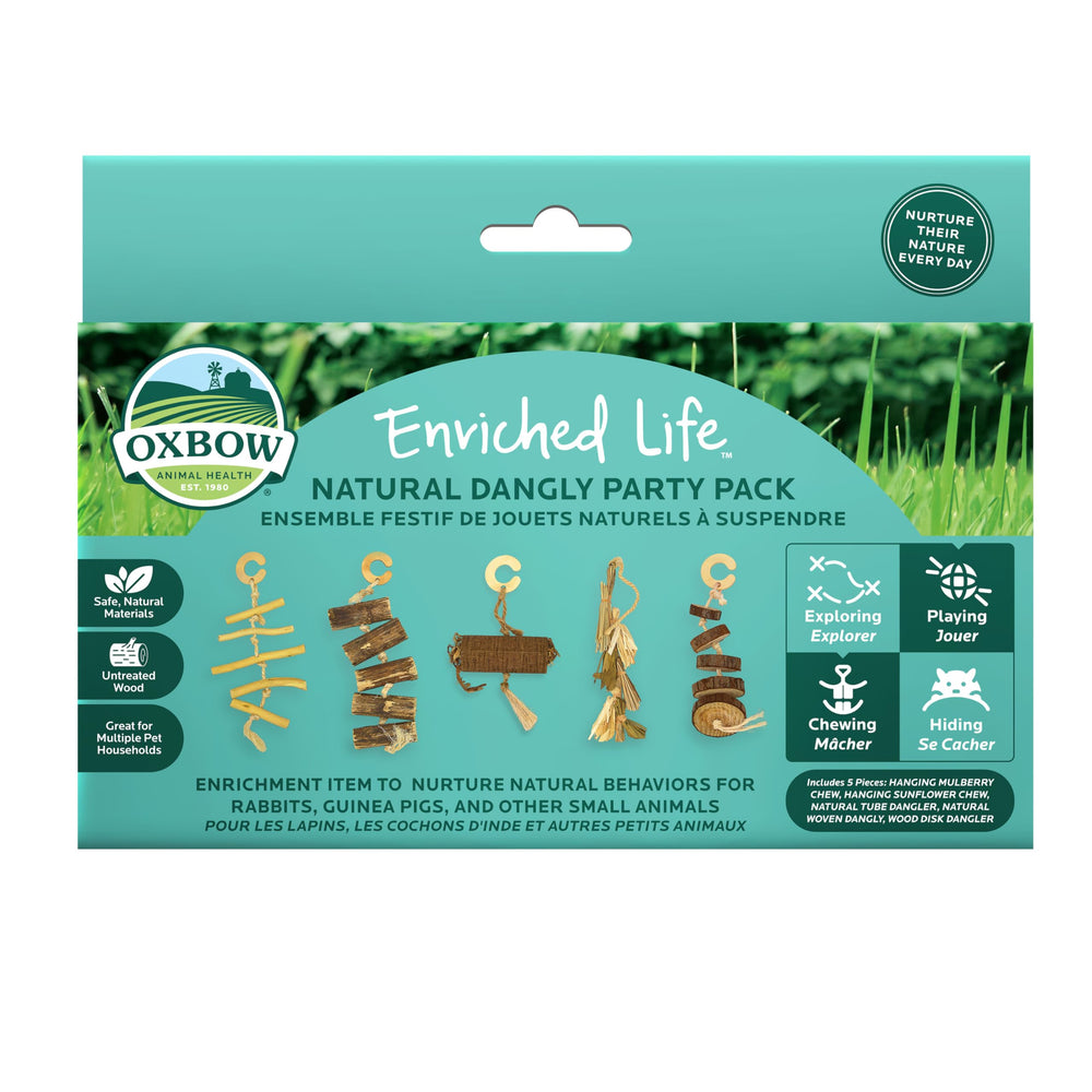Oxbow pack face avant montrant les cinq jouets naturels pour enrichir l'habitat