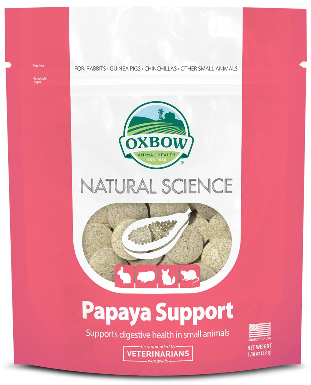 Oxbow emballage avant montrant le complément digestif, rassure sur la qualité