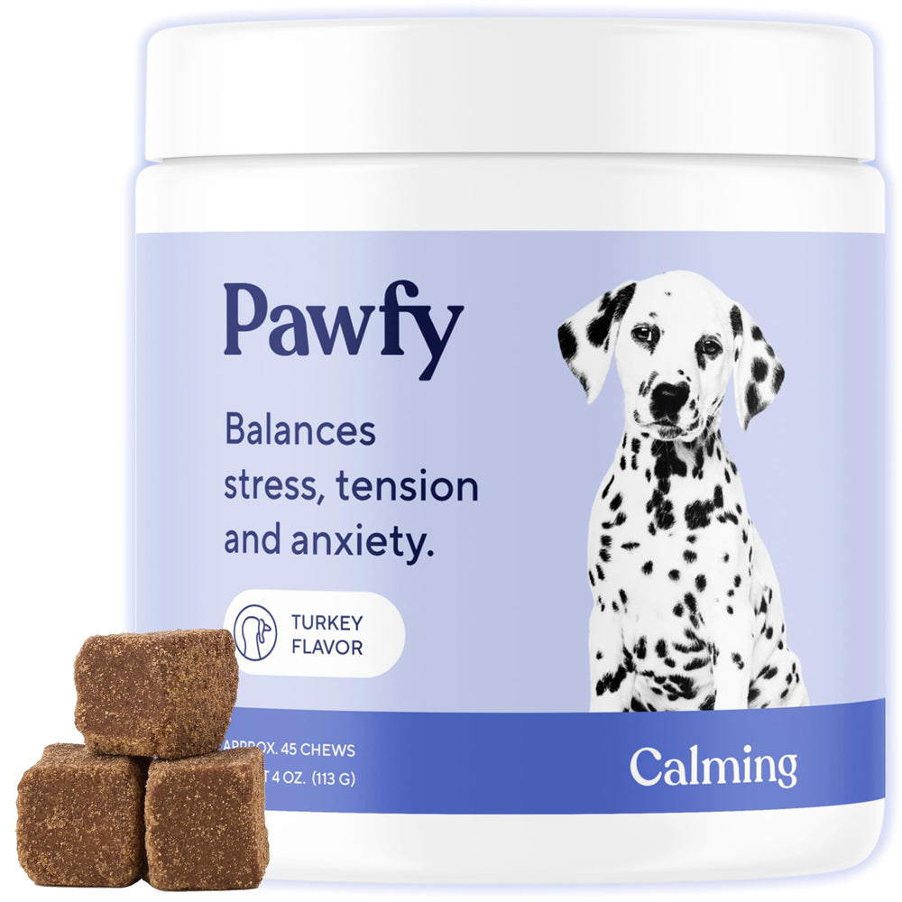 Pawfy emballage avant montrant les chews apaisants et informations produit