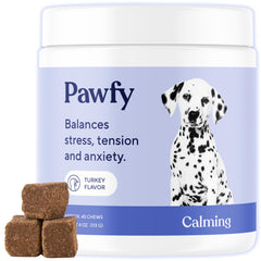 Pawfy emballage avant montrant les chews apaisants et informations produit