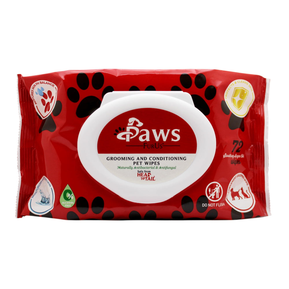 PawsFurUs emballage avant montrant 72 lingettes, pratique et protecteur