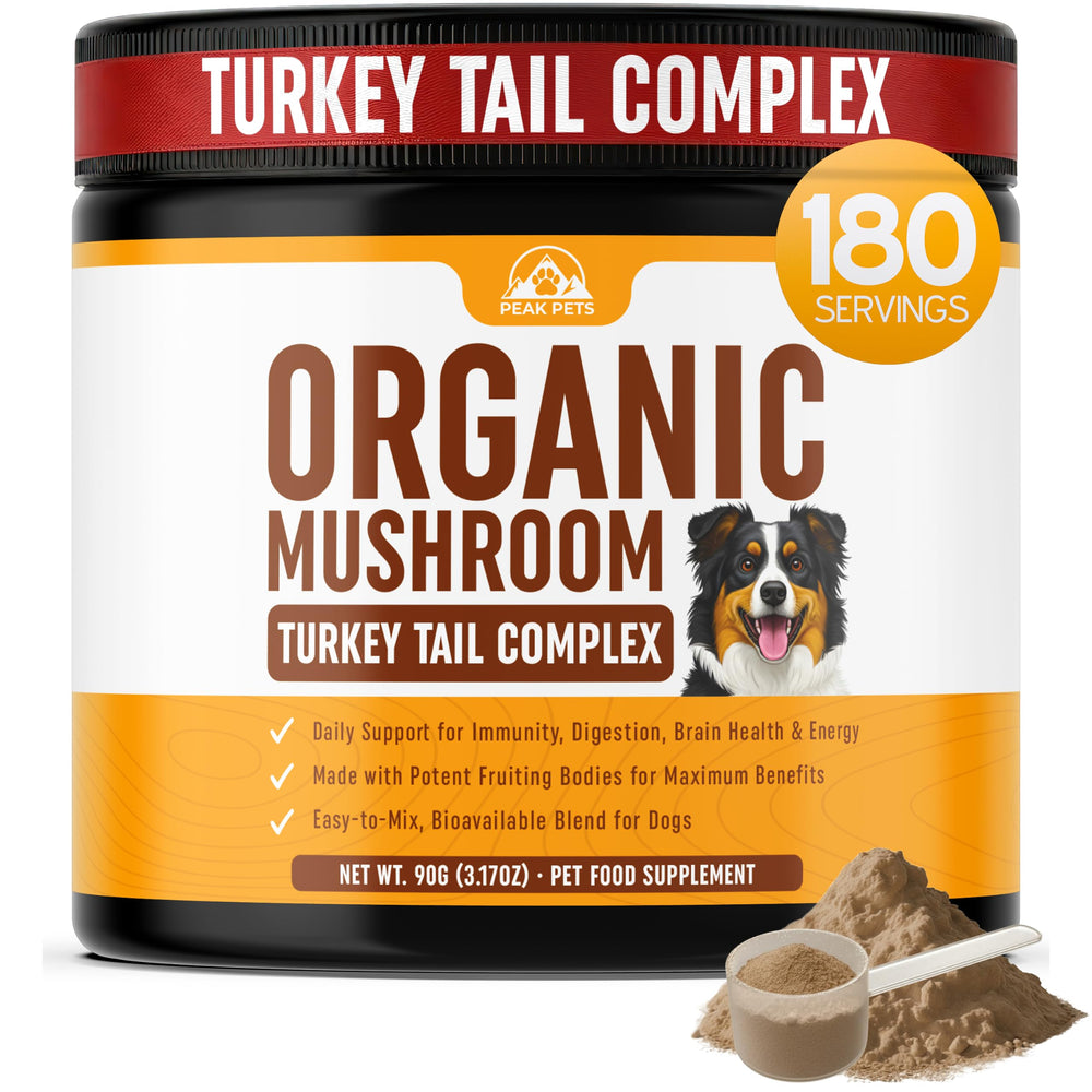 Peak Pets emballage avant du Turkey Tail 90g montrant l’étiquette et les avantages