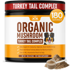 Peak Pets emballage avant du Turkey Tail 90g montrant l’étiquette et les avantages