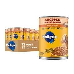Pedigree boîte frontale montrant recette poulet et format 13,2 oz, pratique