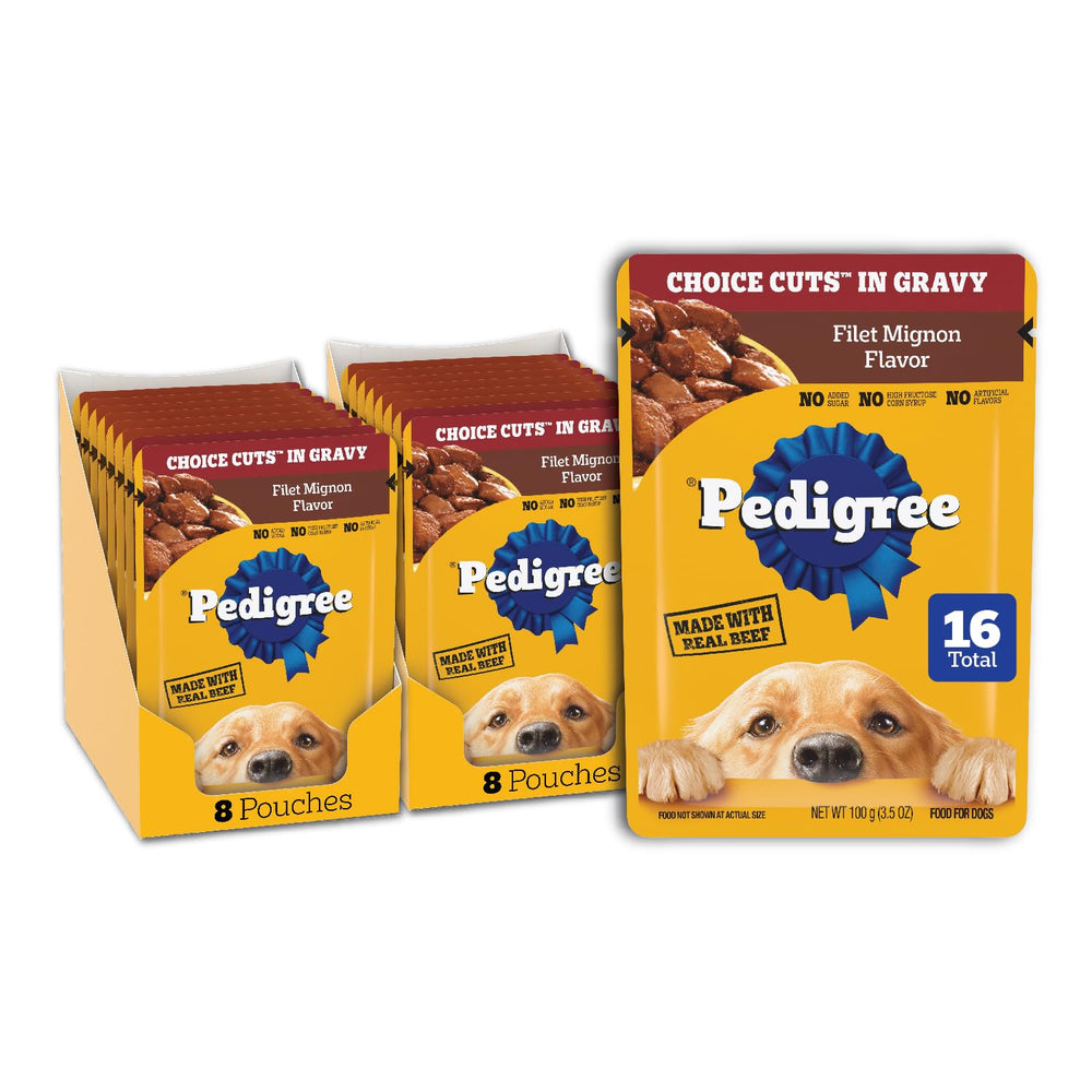 Pedigree sachet avant Filet Mignon montrant l'emballage pratique et appétissant