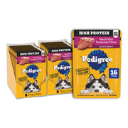Pedigree sachet face boeuf et porc montrant emballage et avantage protéique