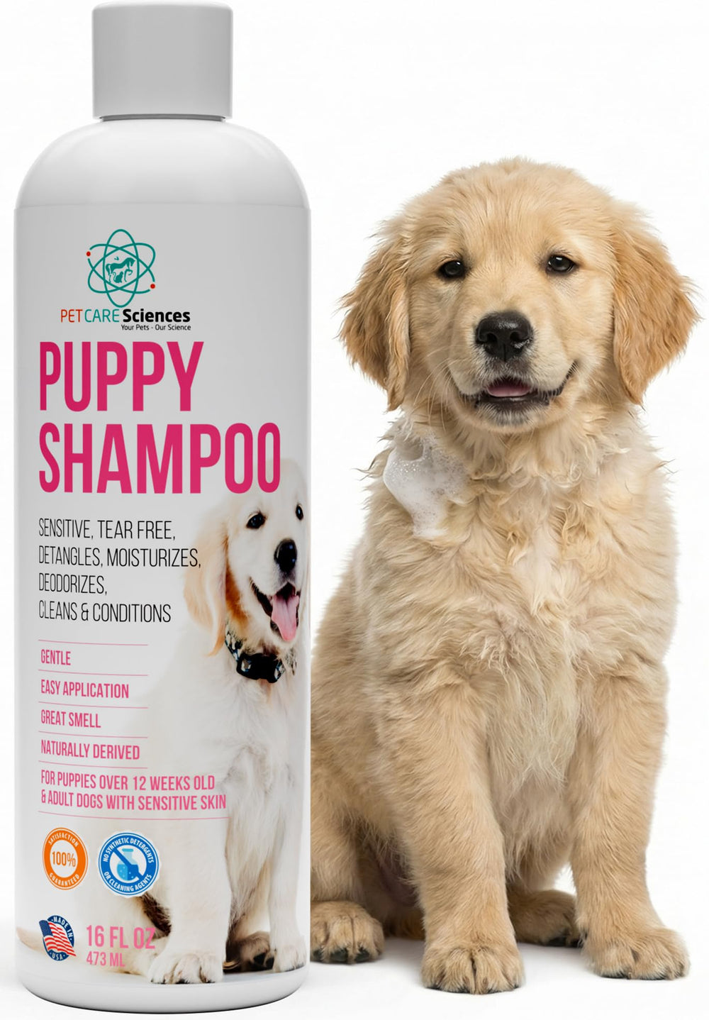 PET CARE Sciences flacon devant montrant l'étiquette et format 16 fl oz bénéfice nettoyage doux