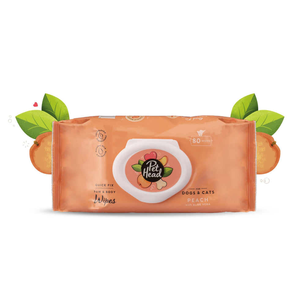 Pet Head emballage avant montrant 80 lingettes, pratique pour sorties