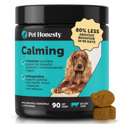 Pet Honesty emballage avant affichant 90 chews et bénéfice calmant