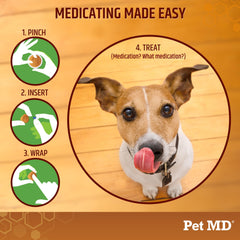 Mise en scène d'un comprimé enveloppé par Pet MD pour ingestion facile du chien