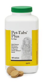 Pet-Tabs Plus paquet face montrant le flacon et la quantité, rassure sur la durée d'utilisation