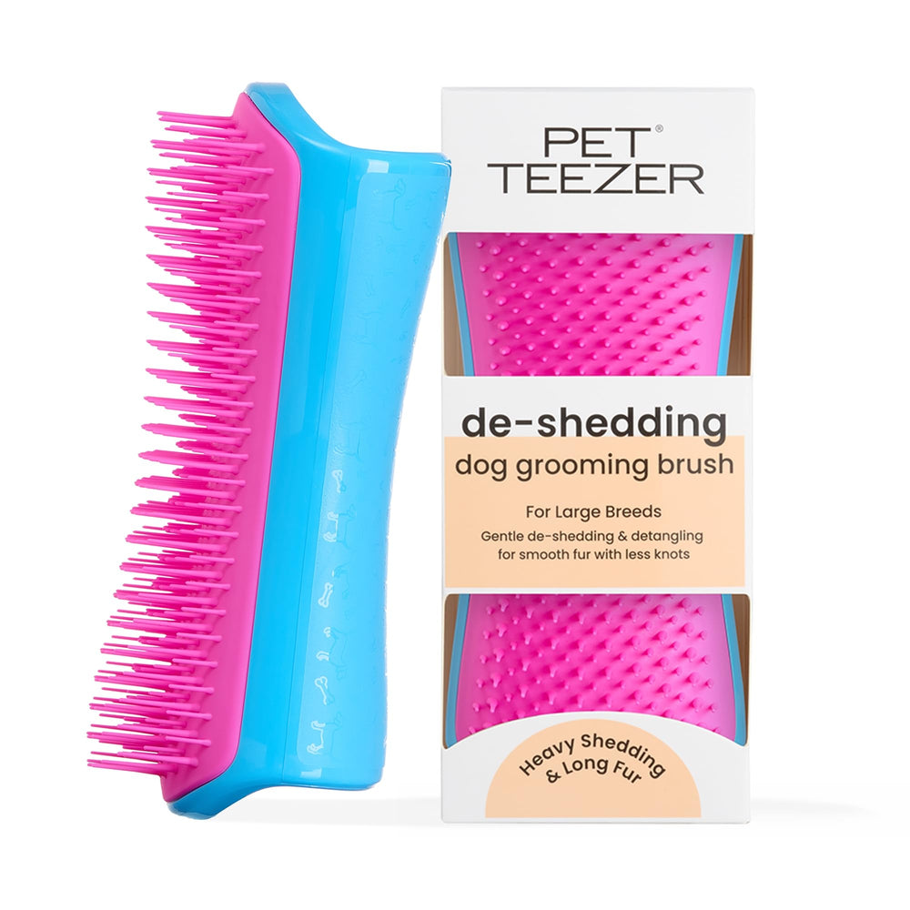 Pet Teezer vue frontale packaging bleu et rose, pratique et durable