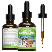 Pet Wellbeing flacon Adrenal Harmony Gold face avant montrant l'étiquette claire et bénéfice de soutien surrénalien