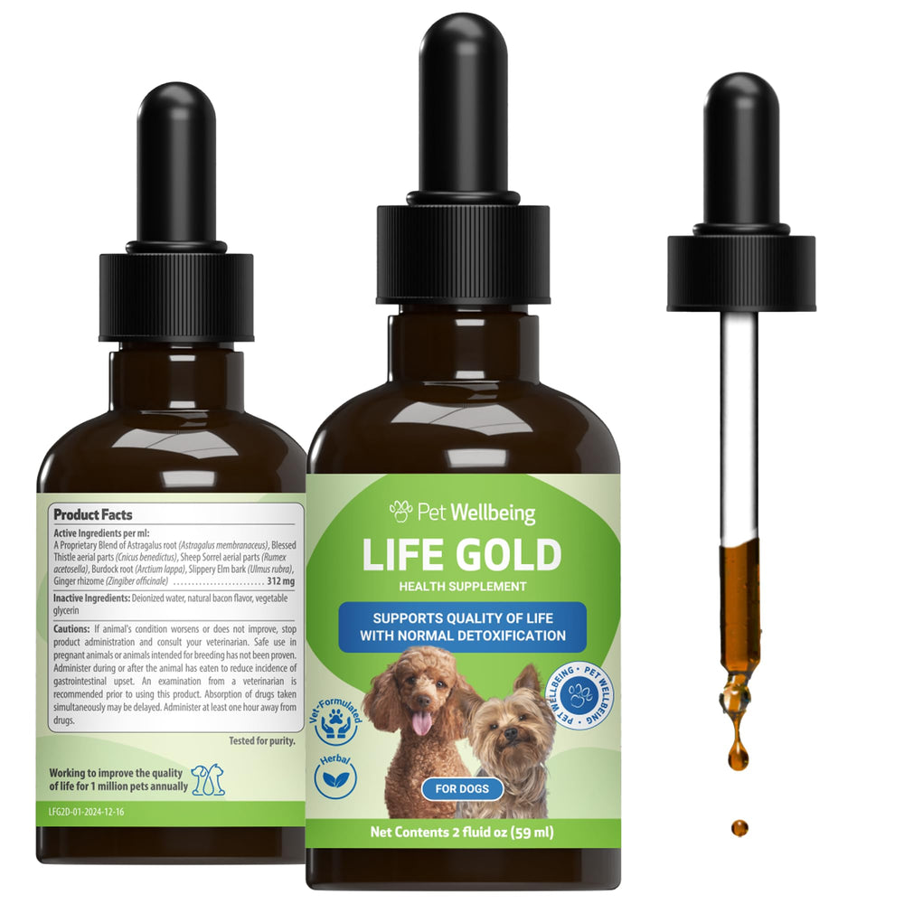 Pet Wellbeing flacon Life Gold face avant montrant l'emballage et l'usage